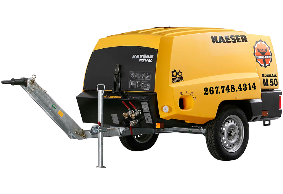 A yellow Kaeser air pump model M 50 branded with the Boss Plumbing logo and phone number, 267.748.4314