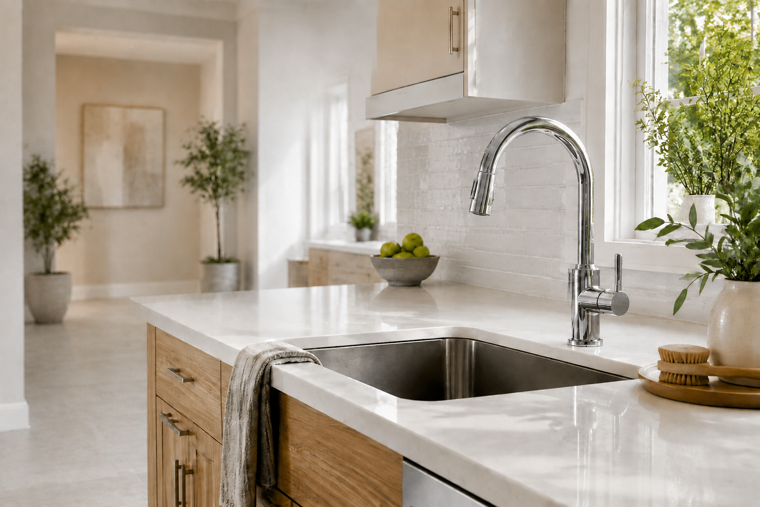 Modern remodeled kitchen with one stainless-steel sink and chrome faucet, light wood cabinets, quartz countertops, and a bowl of apples.