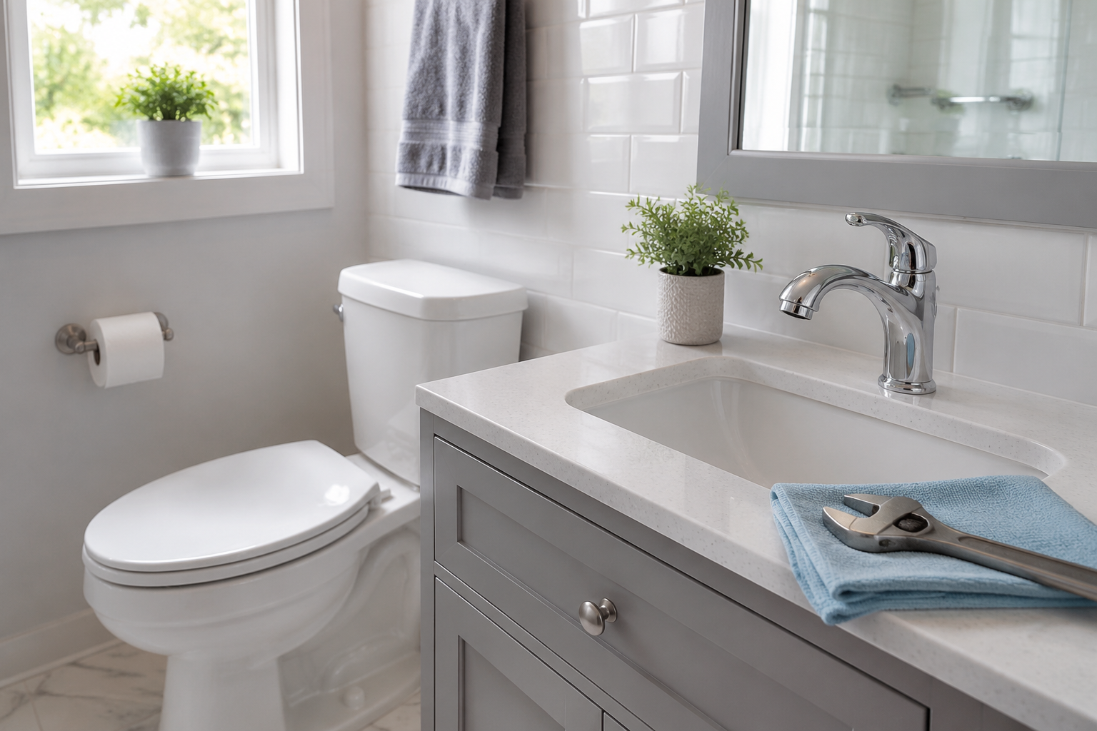 Bright, clean bathroom with a white toilet, chrome sink faucet, adjustable wrench, and folded blue microfiber cloth.